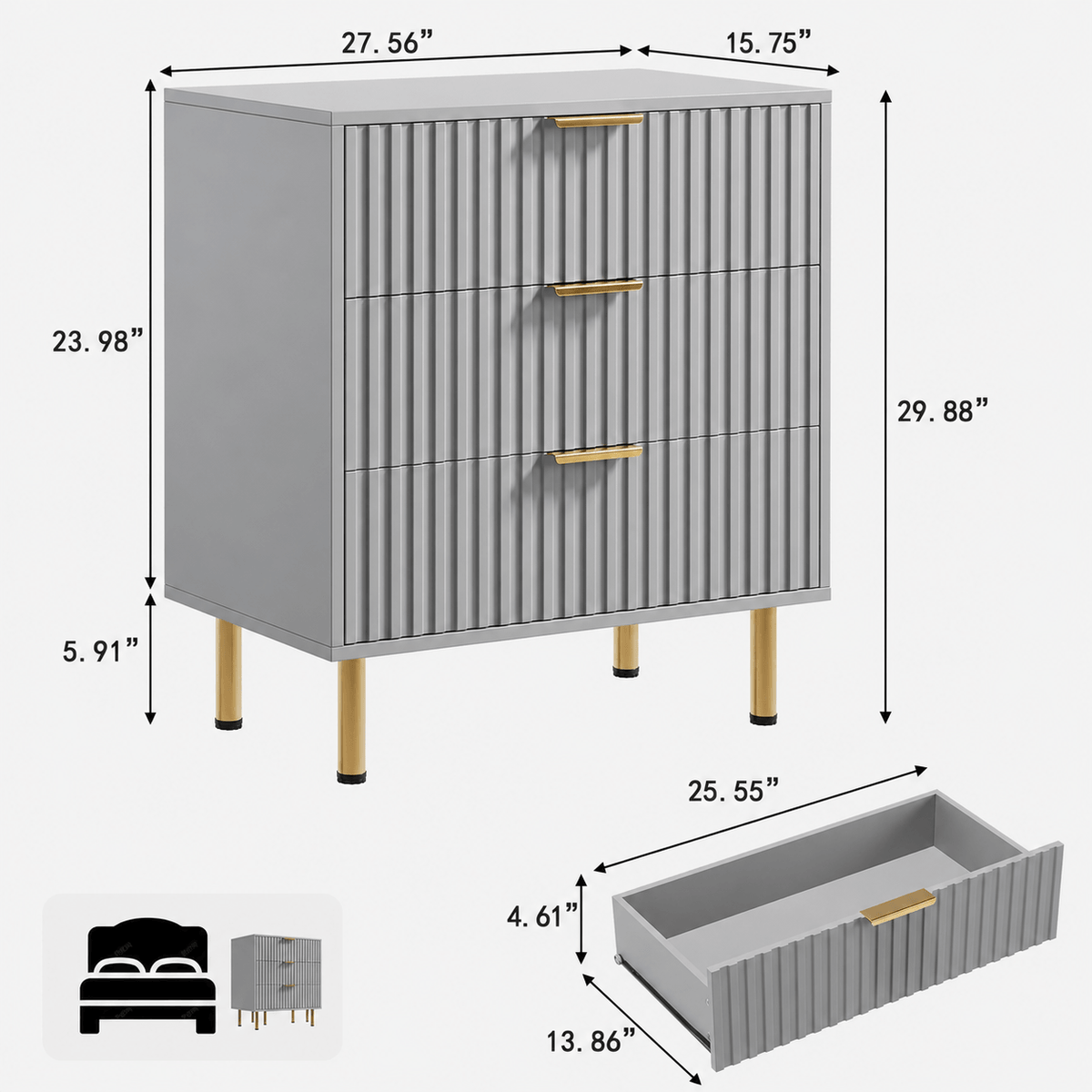 Garvee Badezimmerschrank mit 3 Schubladen, modernes Rillendesign, für Bad und Gäste-WC, Grau
