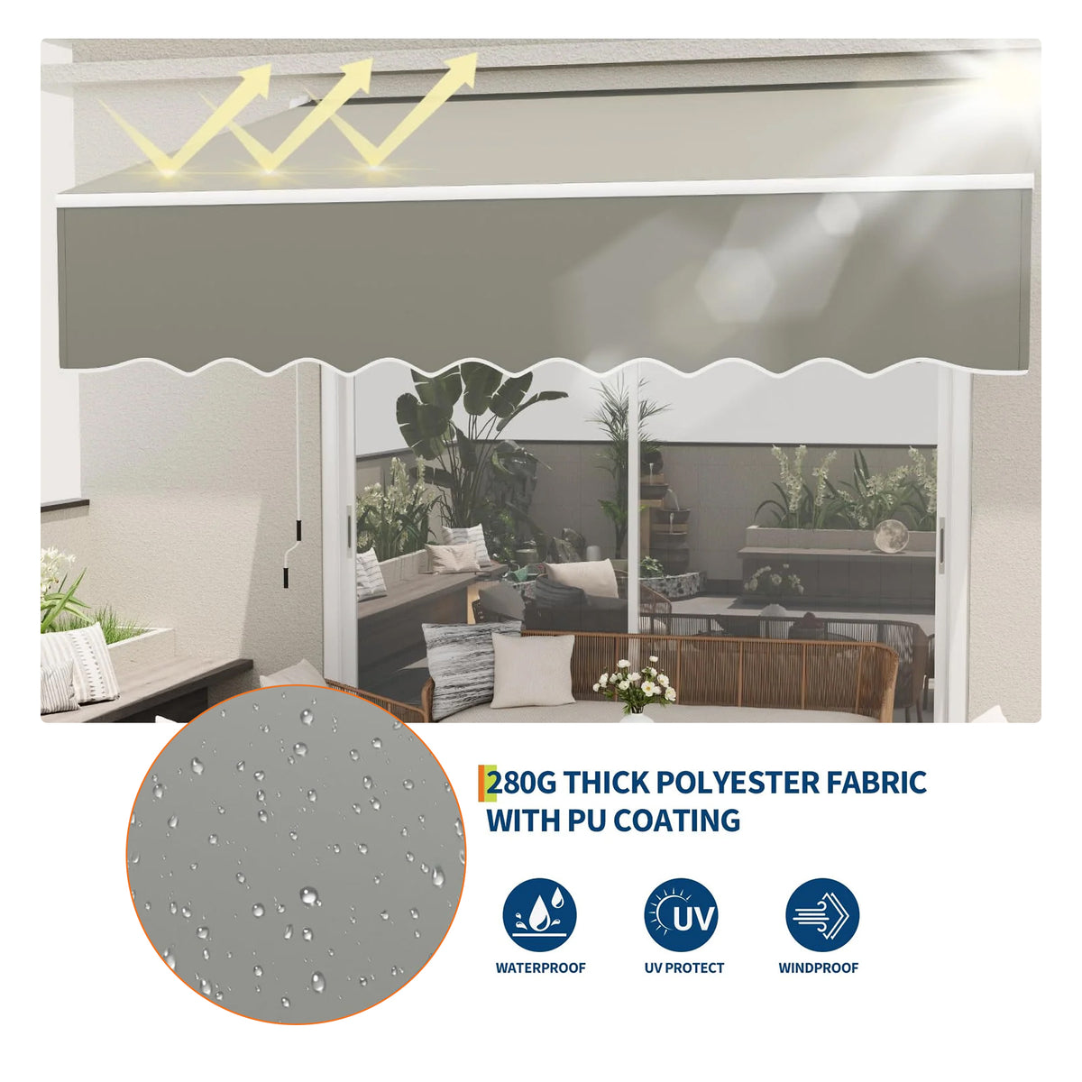 Garvee Markise 3×2.5 m, Aluminiumrahmen, Wasserdicht, UV-Schutz, Für Terrasse & Balkon, Grau