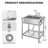 Garvee Spültisch Spülbecken Edelstahl (71 × 50 × 87 cm), Einzelbecken mit 360°-Warm-/Kaltwasserarmatur & Unterablage, Küchenspüle für Restaurant, Garage und Waschküche