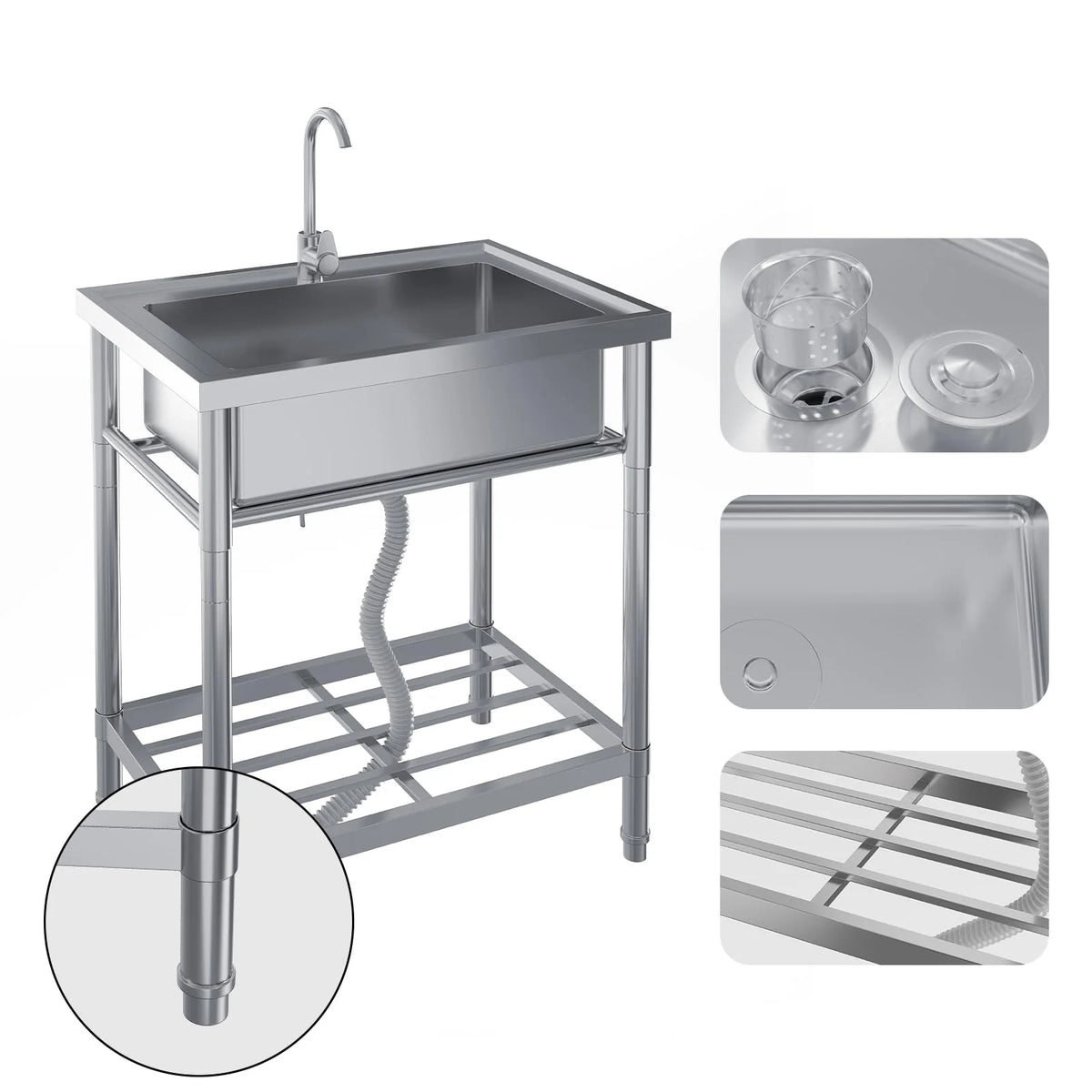 Garvee Spültisch Spülbecken Edelstahl (71 × 50 × 87 cm), Einzelbecken mit 360°-Warm-/Kaltwasserarmatur & Unterablage, Küchenspüle für Restaurant, Garage und Waschküche