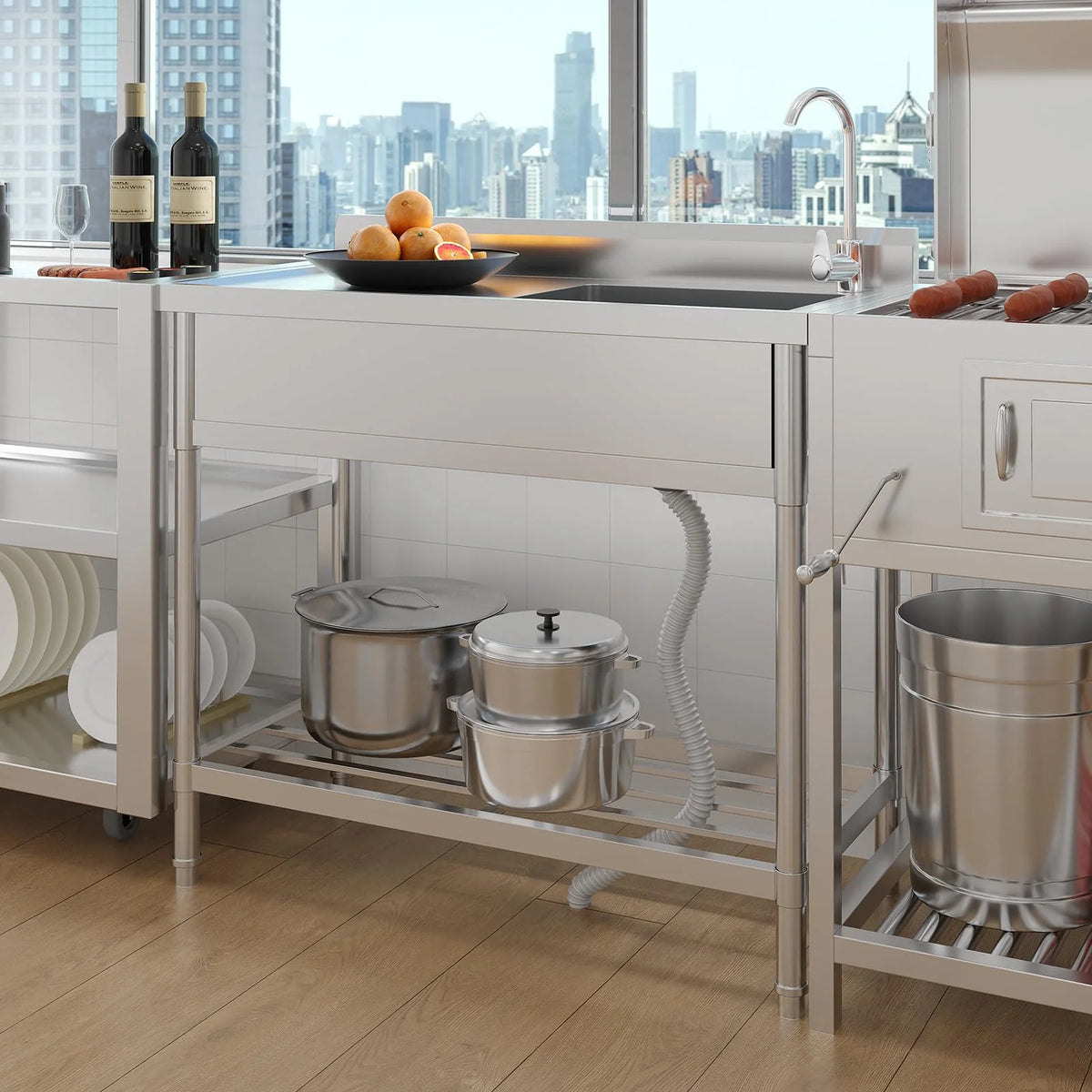 Garvee Spültisch Spülbecken Edelstahl (99 × 50 × 95 cm), Einzelbecken mit 360°-Armatur, Arbeitsplatte & Unterablage, Küchenspüle für Restaurant, Garage und Waschküche