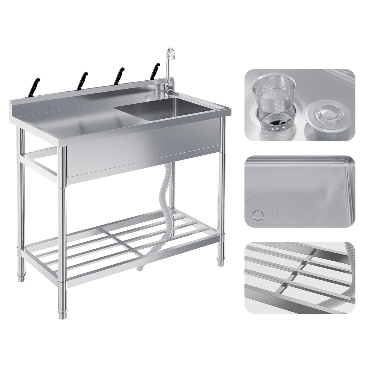 Garvee Spültisch Spülbecken Edelstahl (99 × 50 × 95 cm), Einzelbecken mit 360°-Armatur, Arbeitsplatte & Unterablage, Küchenspüle für Restaurant, Garage und Waschküche