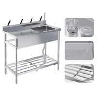 Garvee Spültisch Spülbecken Edelstahl (99 × 50 × 95 cm), Einzelbecken mit 360°-Armatur, Arbeitsplatte & Unterablage, Küchenspüle für Restaurant, Garage und Waschküche