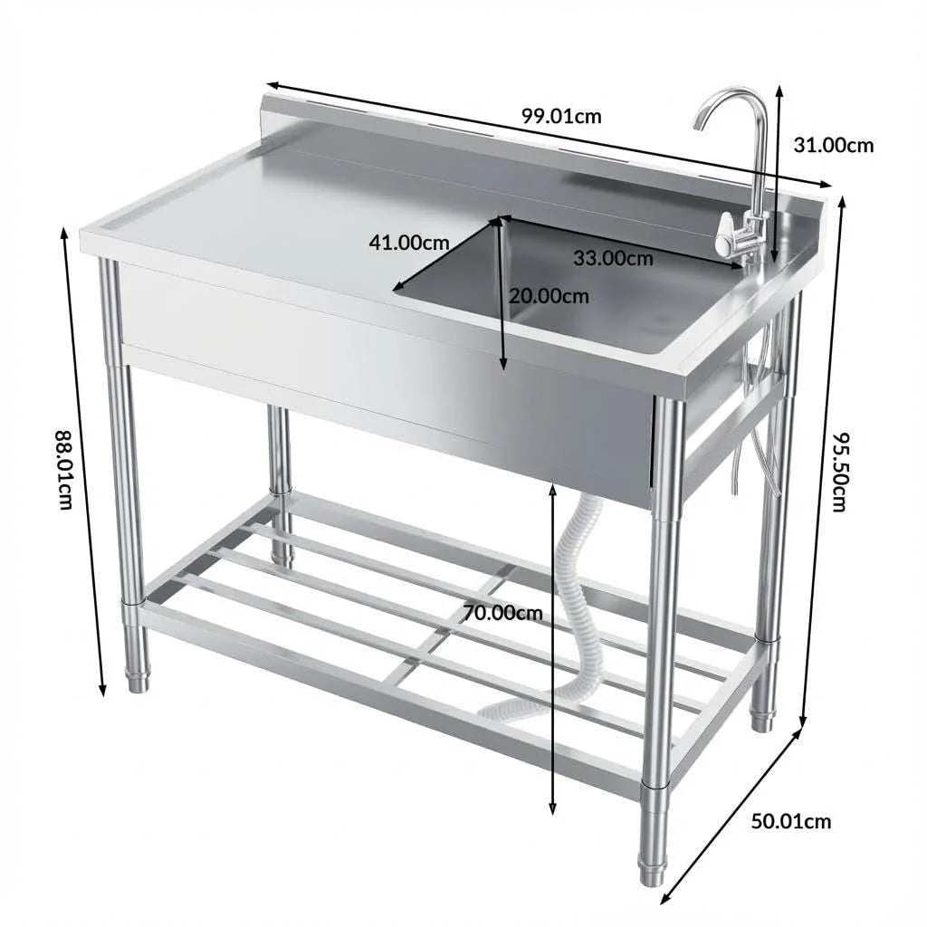 Garvee Spültisch Spülbecken Edelstahl (99 × 50 × 95 cm), Einzelbecken mit 360°-Armatur, Arbeitsplatte & Unterablage, Küchenspüle für Restaurant, Garage und Waschküche