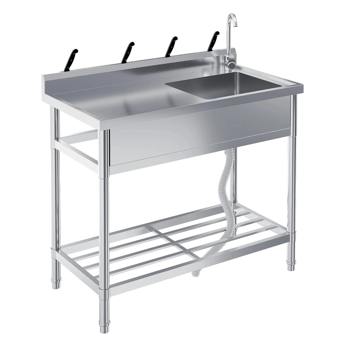 Garvee Spültisch Spülbecken Edelstahl (99 × 50 × 95 cm), Einzelbecken mit 360°-Armatur, Arbeitsplatte & Unterablage, Küchenspüle für Restaurant, Garage und Waschküche