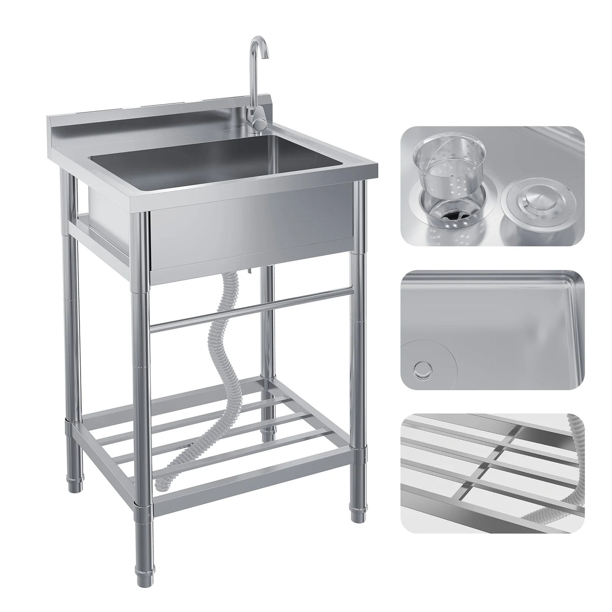 Garvee Spültisch Spülbecken Edelstahl (60 × 50 × 107 cm), Einzelbecken mit 360°-Warm-/Kaltwasserarmatur & Unterablage, Küchenspüle für Restaurant, Garage und Waschküche