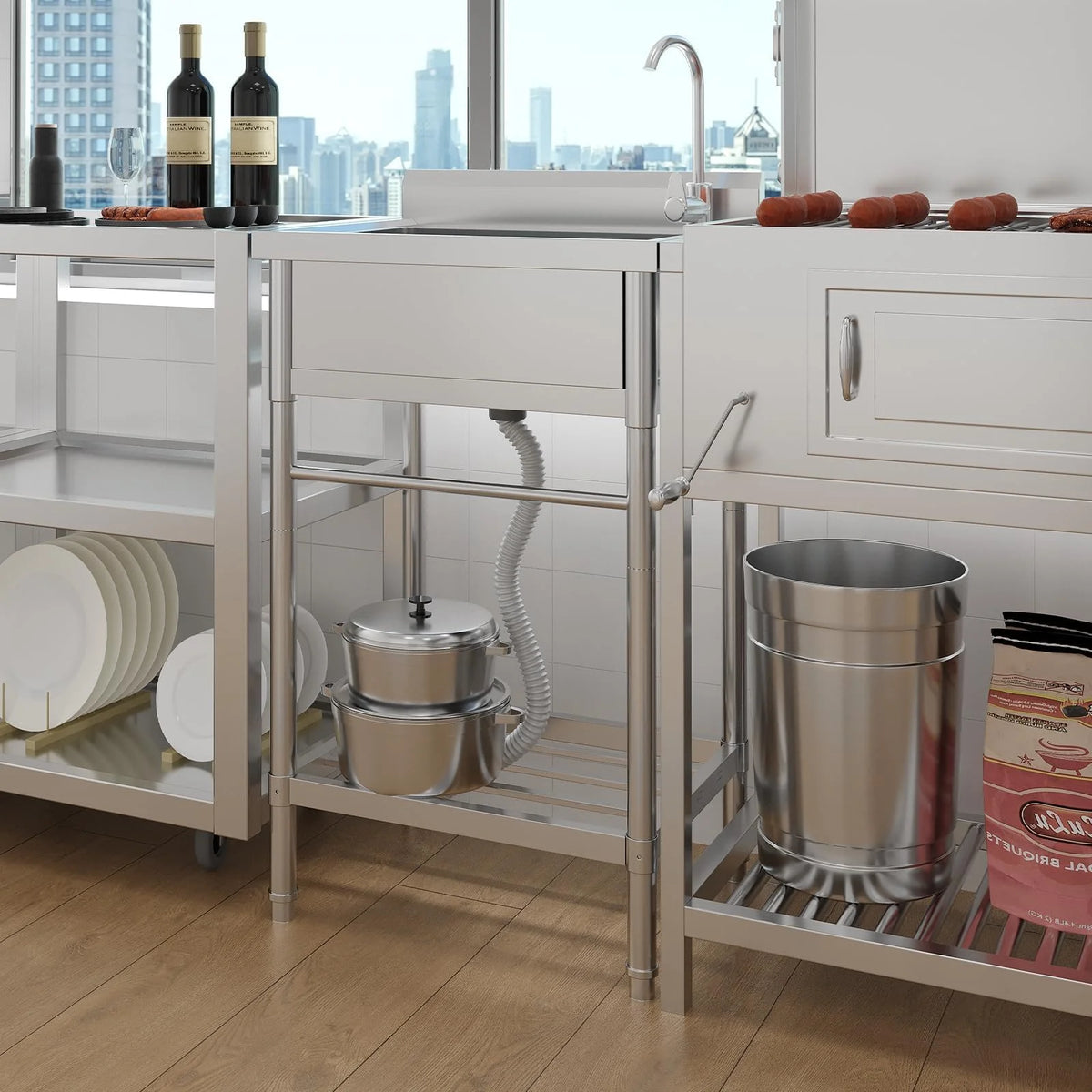 Garvee Spültisch Spülbecken Edelstahl (60 × 50 × 107 cm), Einzelbecken mit 360°-Warm-/Kaltwasserarmatur & Unterablage, Küchenspüle für Restaurant, Garage und Waschküche