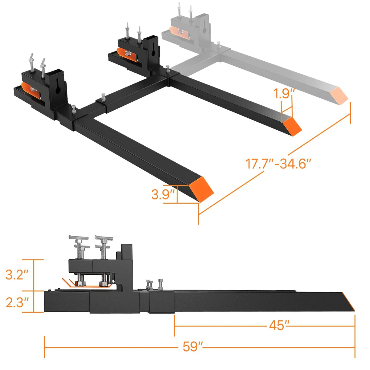 Garvee 150 cm Schwerlast-Palettengabel zum Anklemmen, 1814 kg Tragkraft, 114 cm Arbeitstiefe und 45–88 cm Gabelabstand für Traktor und Minilader