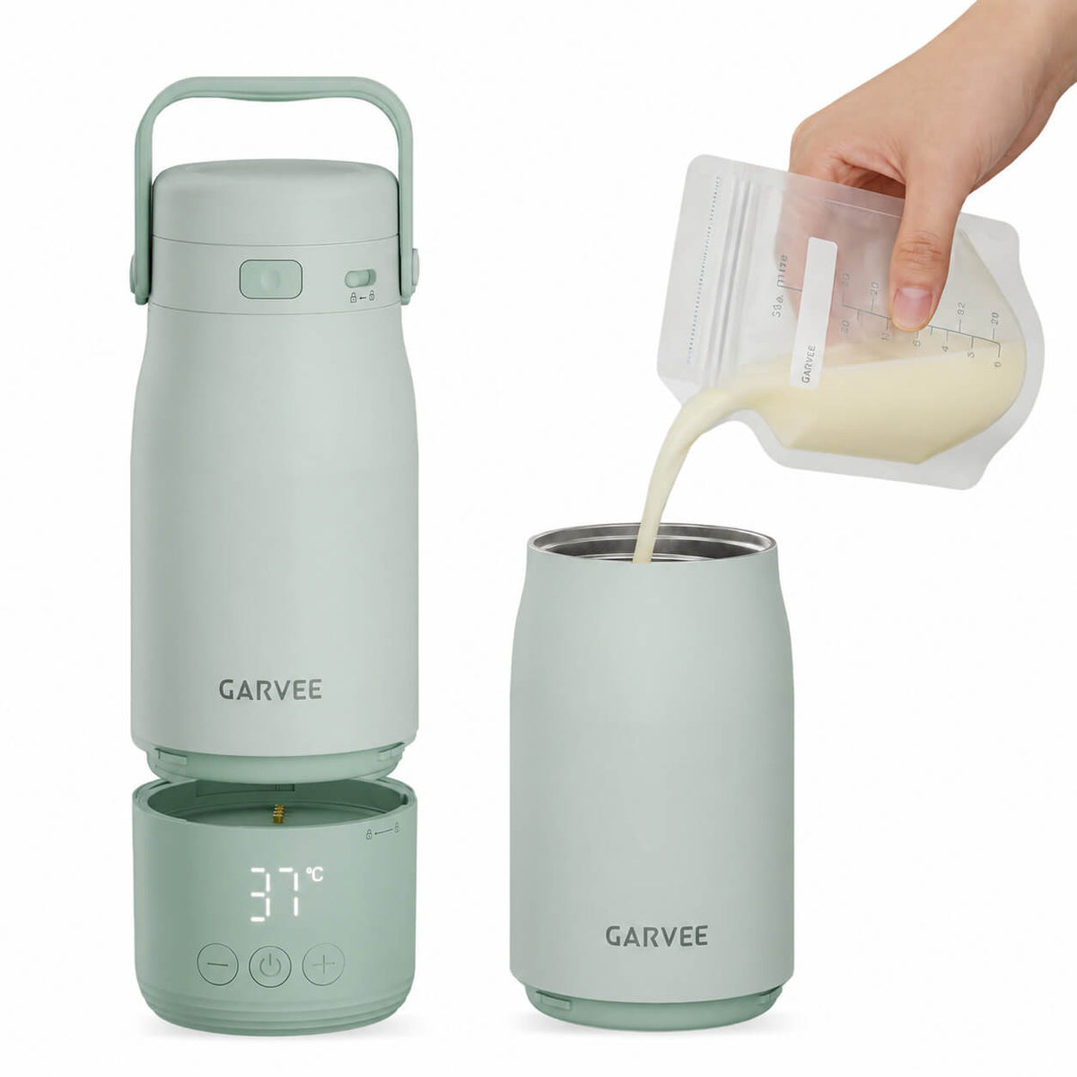 Garvee Tragbarer Flaschenwärmer für Babymilch, 500 ml Milchbehälter aus Edelstahl mit LED-Temperaturanzeige, Temperaturregelung bis 55 °C, USB-C, Akkubetrieb, Grün