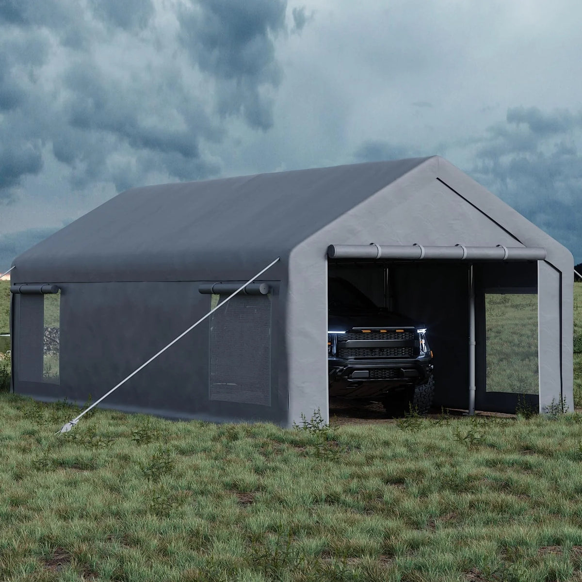 GARVEE Schwerlast Carport 7,6 × 4 m, Mobiler Auto Unterstand mit 220 g/m² PE-Plane, Rolltoren & Abnehmbaren Seitenwänden, Stahlrahmen für Autos, Transporter & Boote, Grau