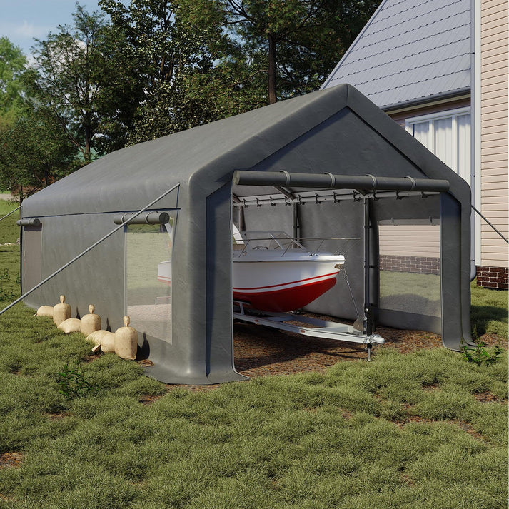 Garvee 7,6x4m Schwerlast-Carport mit Seitenwänden, Boot- und Fahrzeugunterstand mit 220g PE Plane & Stahlrahmen