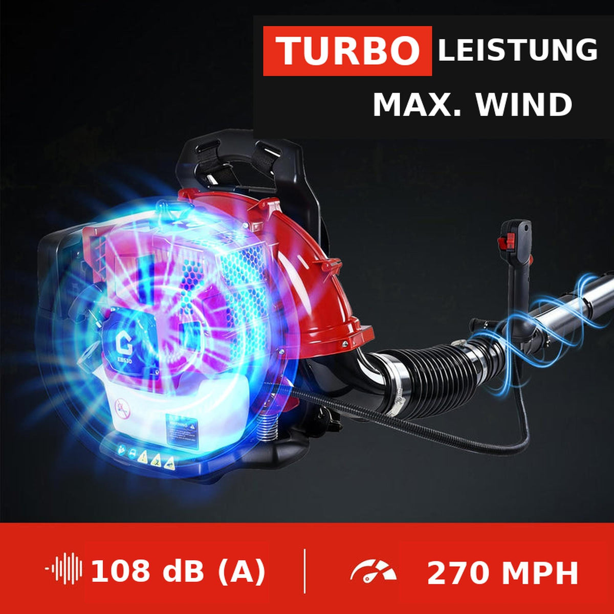 Garvee Benzin-Rucksacklaubbläser 43cc, 780 CFM, 270 MPH, mit Gasverriegelung und gepolsterten Schultergurten zur Laubentfernung in Garten, Hof, Einfahrt und auf der Terrasse