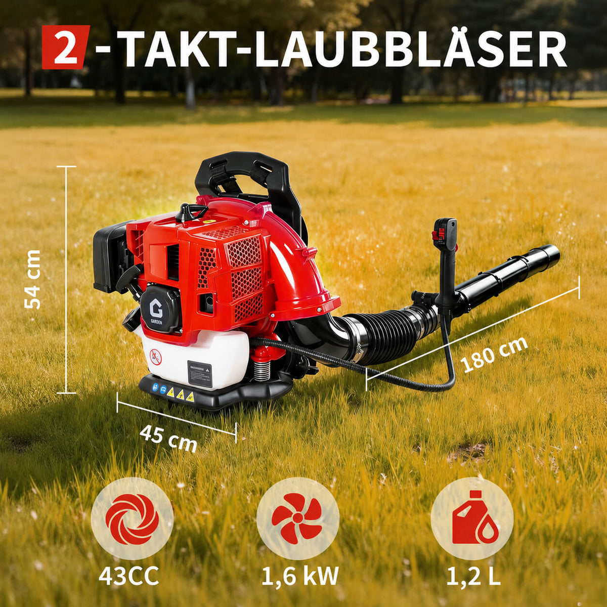 Garvee Benzin-Rucksacklaubbläser 43cc, 780 CFM, 270 MPH, mit Gasverriegelung und gepolsterten Schultergurten zur Laubentfernung in Garten, Hof, Einfahrt und auf der Terrasse
