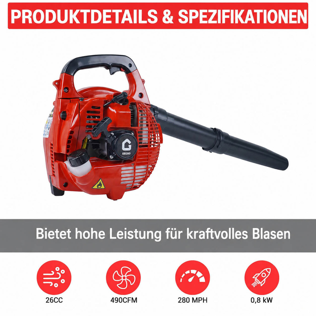 Garvee Benzin-Laubbläser 26cc, 490 CFM, 280 MPH, Handgerät mit Tempomat und ergonomischem Griff zur Laubentfernung in Garten, Hof, Einfahrt und auf der Terrasse
