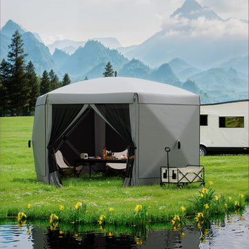 Garvee Pavillon mit Moskitonetz 4 × 4 m, Schnellaufbau-Campingzelt mit Mesh-Wänden, UV-Schutz 50+ und Windschutzpaneelen für Garten, Terrasse und Outdoor-Aktivitäten, Grau