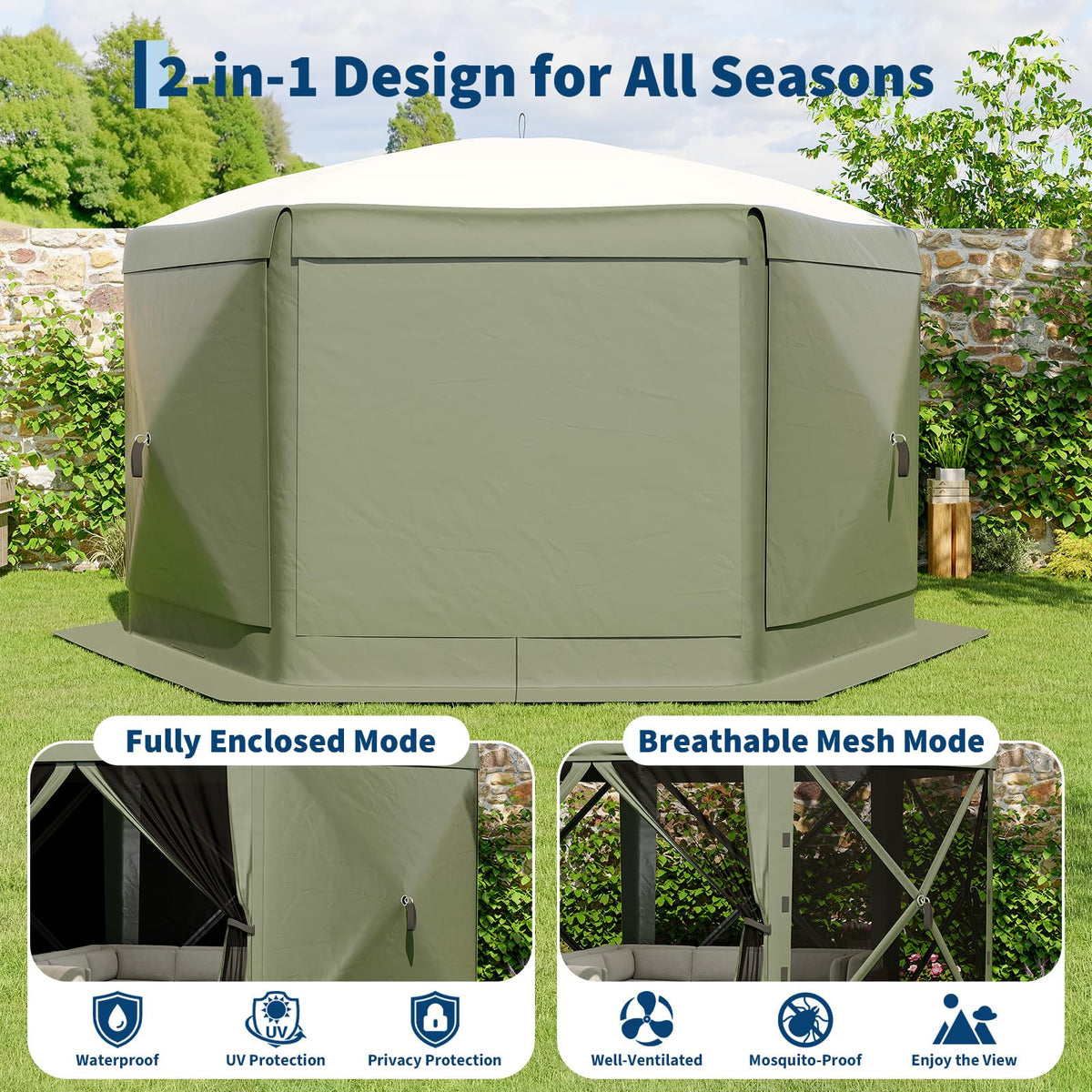 Garvee Pavillon mit Moskitonetz 4 × 4 m, Schnellaufbau-Campingzelt mit Mesh-Wänden, UV-Schutz 50+ und Windschutzpaneelen für Garten, Terrasse und Outdoor-Aktivitäten, Grün