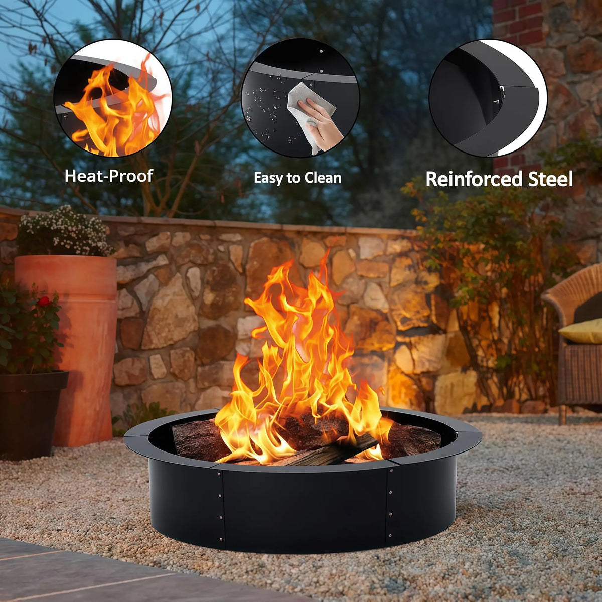 Garvee Feuerstellenring Ø 122 cm aus Stahl mit 8 Steckelementen, werkzeuglos montierbar für große Feuerstellen im Garten und beim Camping