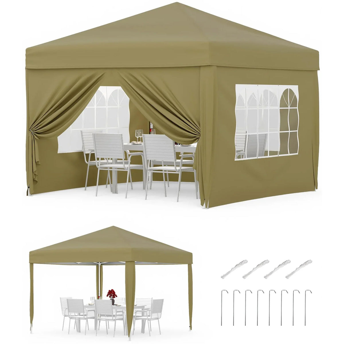 Garvee Faltpavillon 3×3 m, Wasserdicht, Mit 4 Seitenwänden, UV-Schutz 50+, Höhenverstellbar, Khaki
