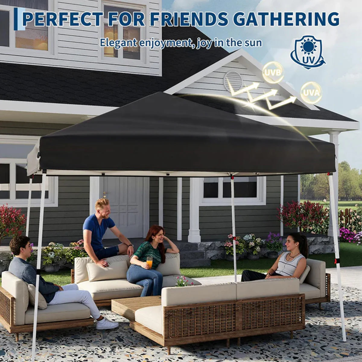 Garvee Faltpavillon 3 × 3 m, Pop-up Pavillon mit UPF 50+ Sonnenschutz, 210D Oxford-Dach, höhenverstellbarem Stahlrahmen & Tragetasche, Schwarz