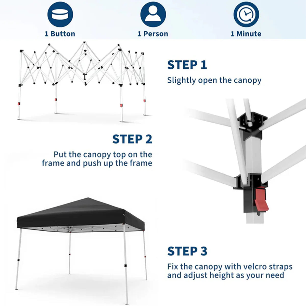 Garvee Faltpavillon 3 × 3 m, Pop-up Pavillon mit UPF 50+ Sonnenschutz, 210D Oxford-Dach, höhenverstellbarem Stahlrahmen & Tragetasche, Schwarz