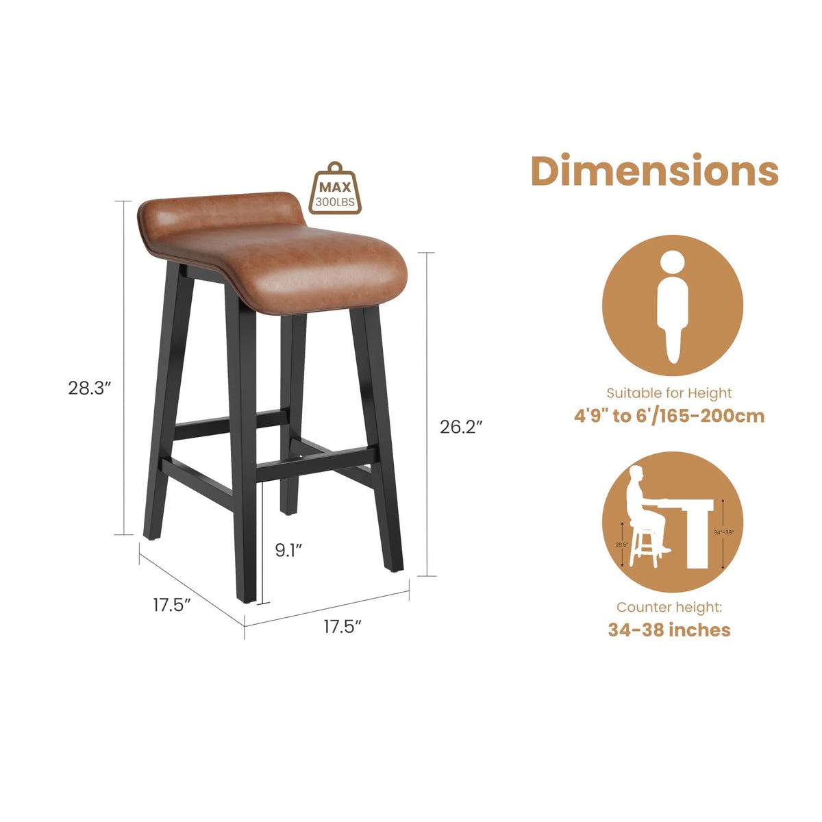 Garvee Barhocker 2er-Set, 67 cm Sitzhöhe, mit Fußstütze, Holz, mit Rückenlehne, gepolstert, Braun