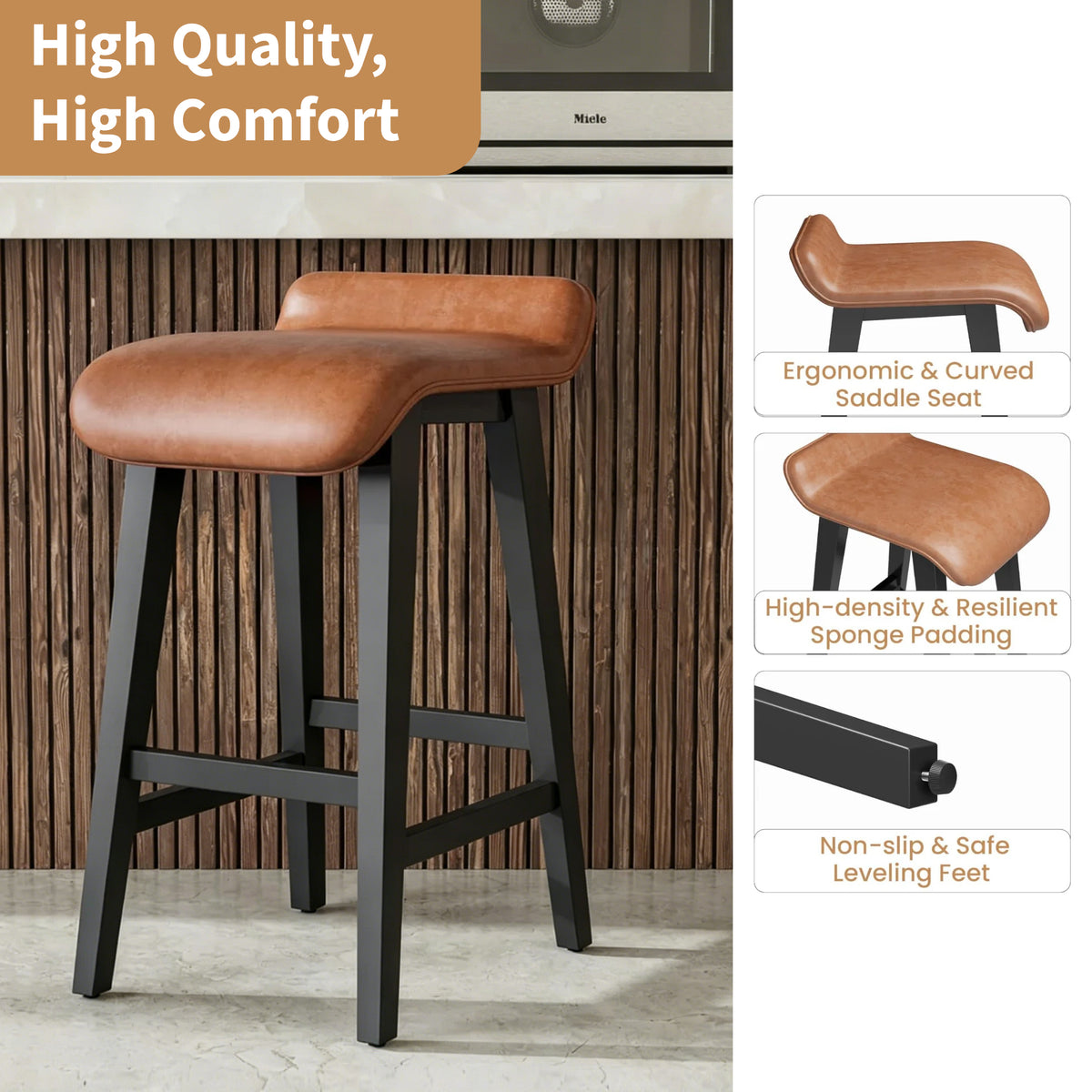 Garvee Barhocker 2er-Set, 67 cm Sitzhöhe, mit Fußstütze, Holz, mit Rückenlehne, gepolstert, Braun