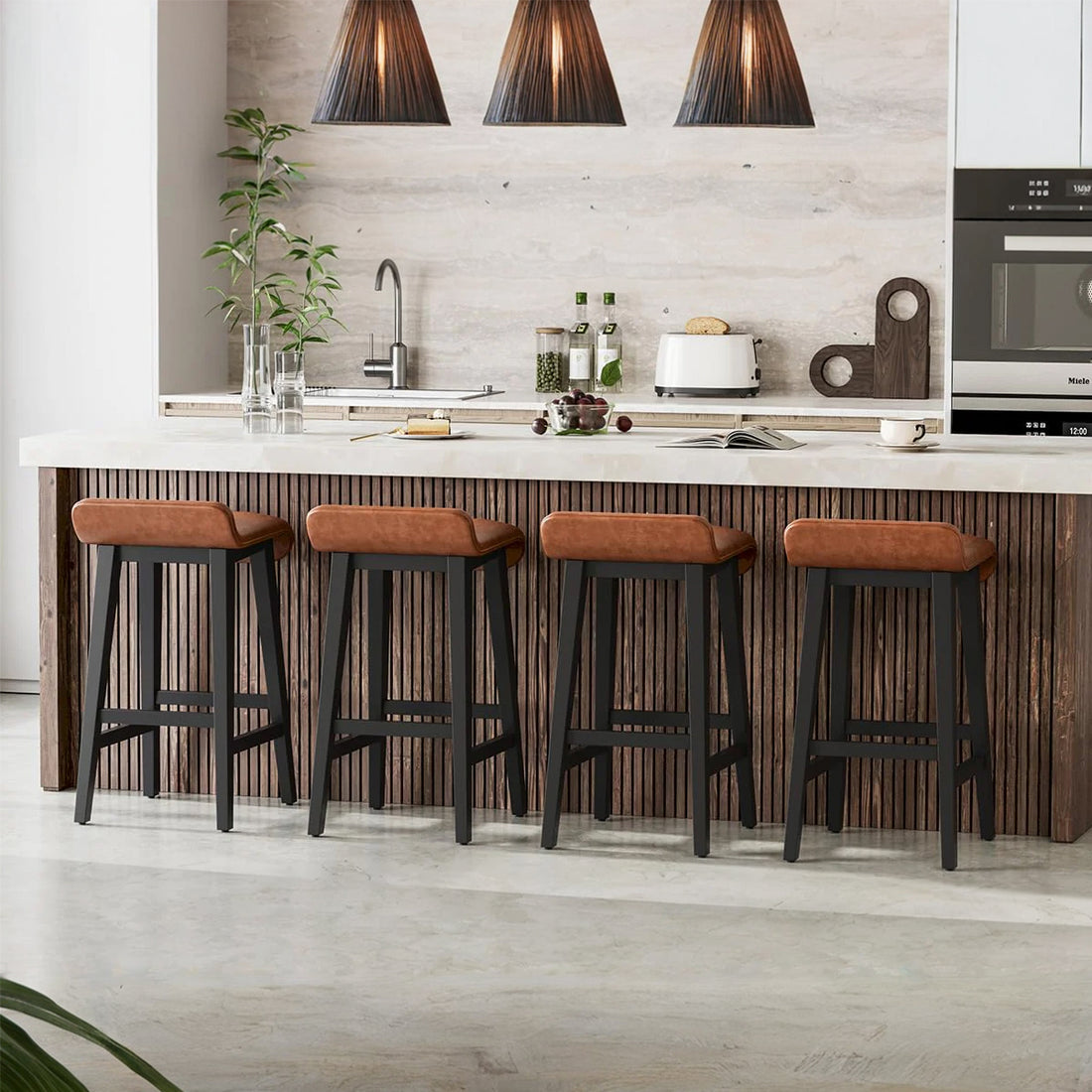 Garvee Barhocker 4er-Set, 66,5 cm Sitzhöhe, mit Fußstütze, Holz, Braun, mit Rückenlehne, gepolstert