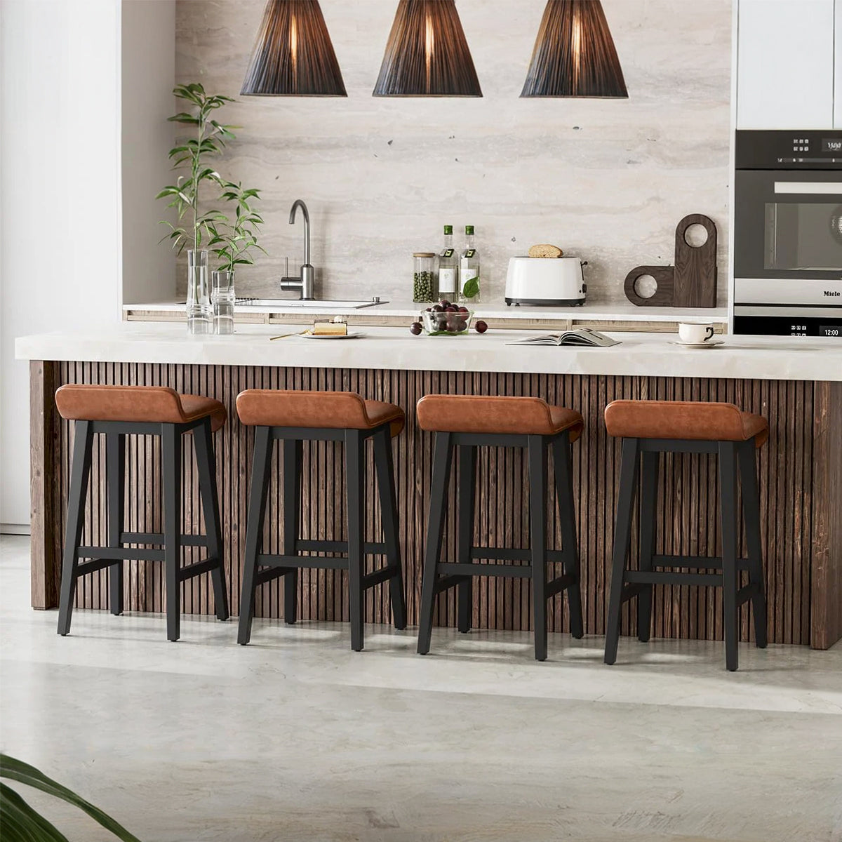 Garvee Barhocker 2er-Set, 67 cm Sitzhöhe, mit Fußstütze, Holz, mit Rückenlehne, gepolstert, Braun