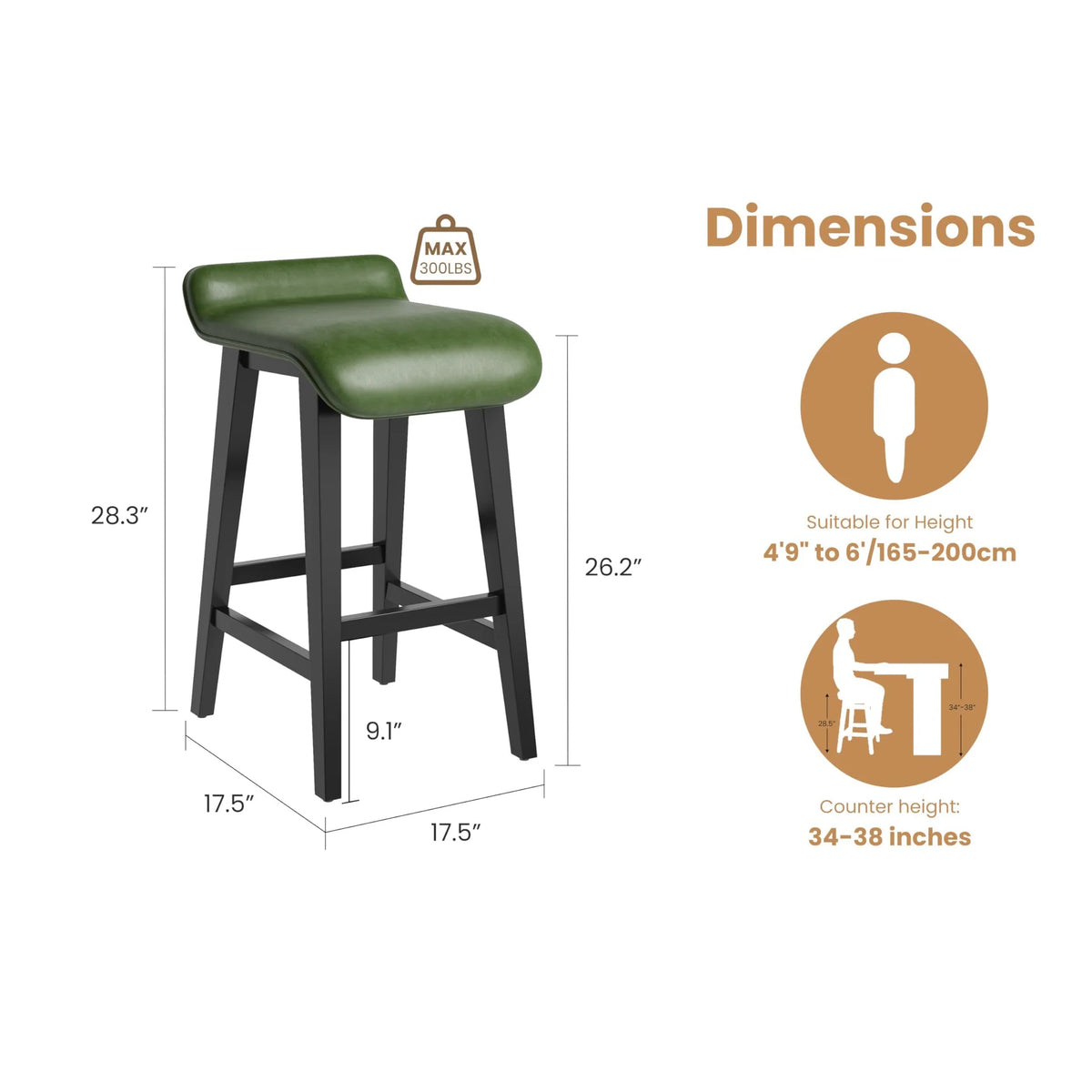 Garvee Barhocker 2er-Set, 67 cm Sitzhöhe, mit Fußstütze, Holz, Grün, mit Rückenlehne, gepolstert