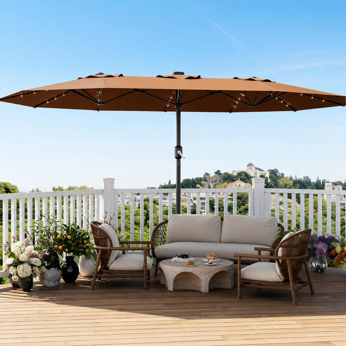 Garvee 270×450 cm Rechteck-Sonnenschirm mit Solar-LED-Beleuchtung & Standfuß, UV-beständiger Gartenschirm mit Kurbelgriff, für Terrasse, Pool & Garten, Braun
