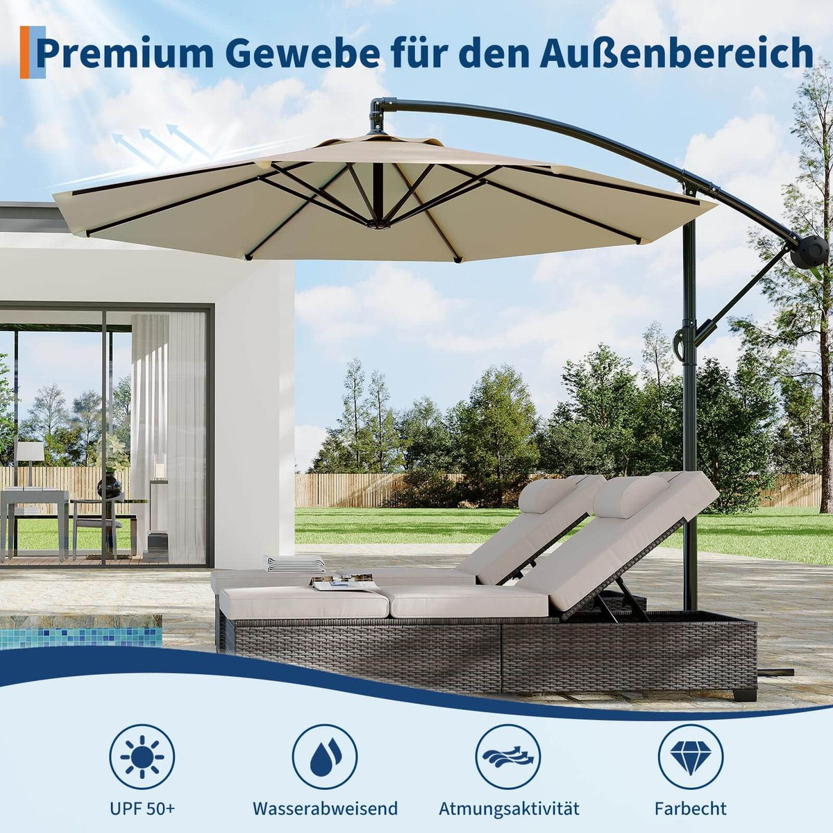 GARVEE Ampelschirm 300 cm, 360° drehbar, UV50+ Sonnenschirm mit Kurbel & Neigefunktion, Freiarmschirm für Garten, Terrasse & Balkon, Beige