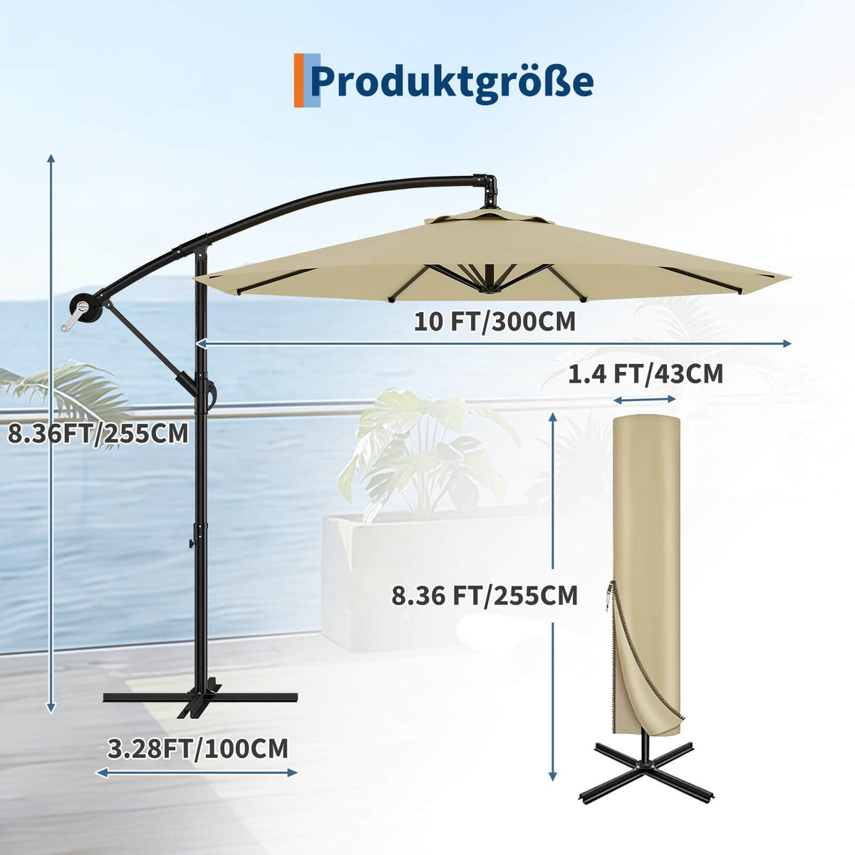 GARVEE Ampelschirm 300 cm, 360° drehbar, UV50+ Sonnenschirm mit Kurbel & Neigefunktion, Freiarmschirm für Garten, Terrasse & Balkon, Beige