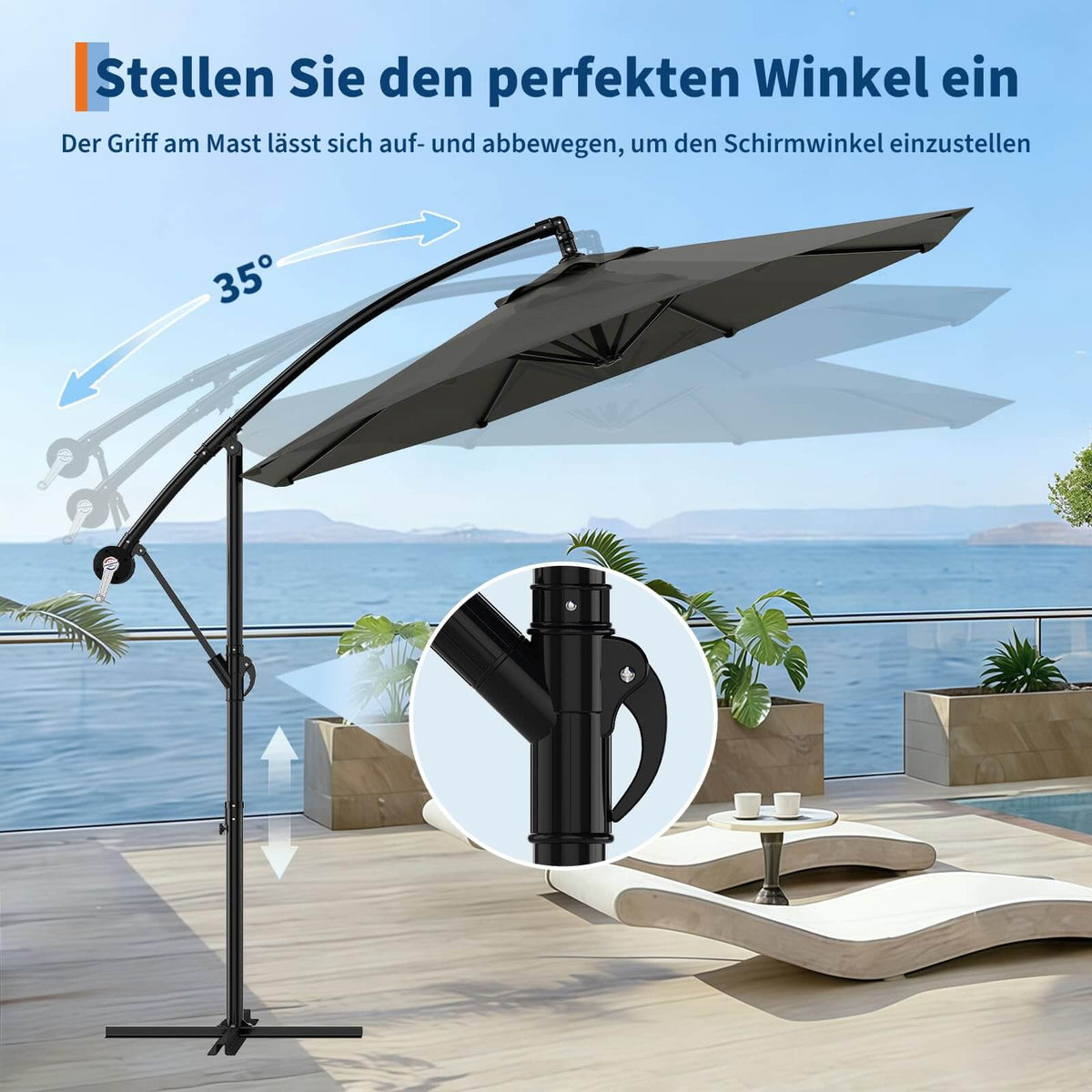 GARVEE Ampelschirm 300 cm, 360° drehbar, UV50+ Sonnenschirm mit Kurbel & Neigefunktion, Freiarmschirm für Garten, Terrasse & Balkon, Grau