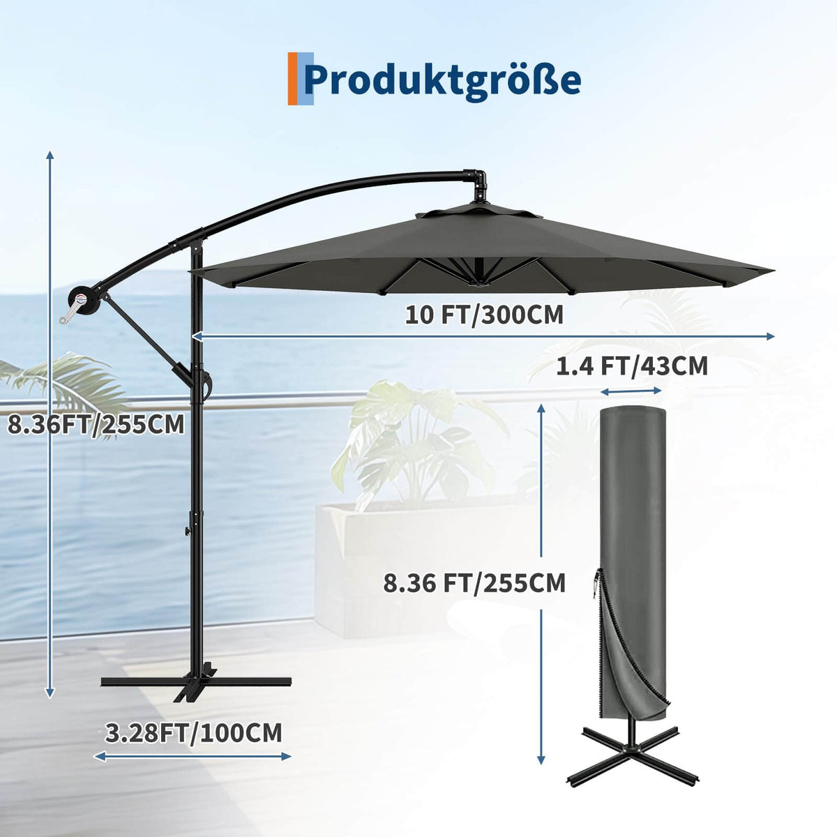 GARVEE Ampelschirm 300 cm, 360° drehbar, UV50+ Sonnenschirm mit Kurbel & Neigefunktion, Freiarmschirm für Garten, Terrasse & Balkon, Grau