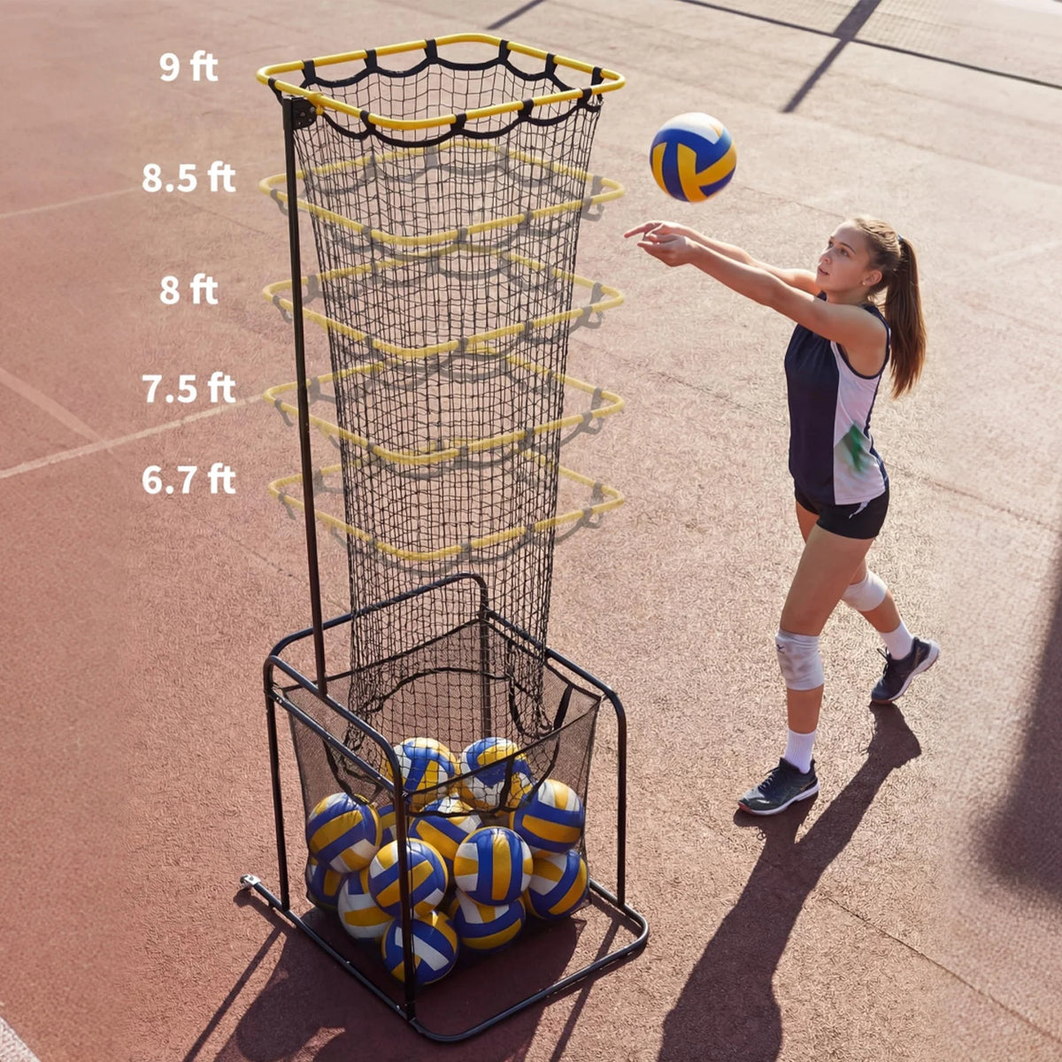 Garvee Volleyball-Zuspieltrainer mit Ballkorb, 5 Höhenstufen 204–274 cm, 5 Winkel 50°–140°, Rollen mit Bremse, für Halle & Outdoor