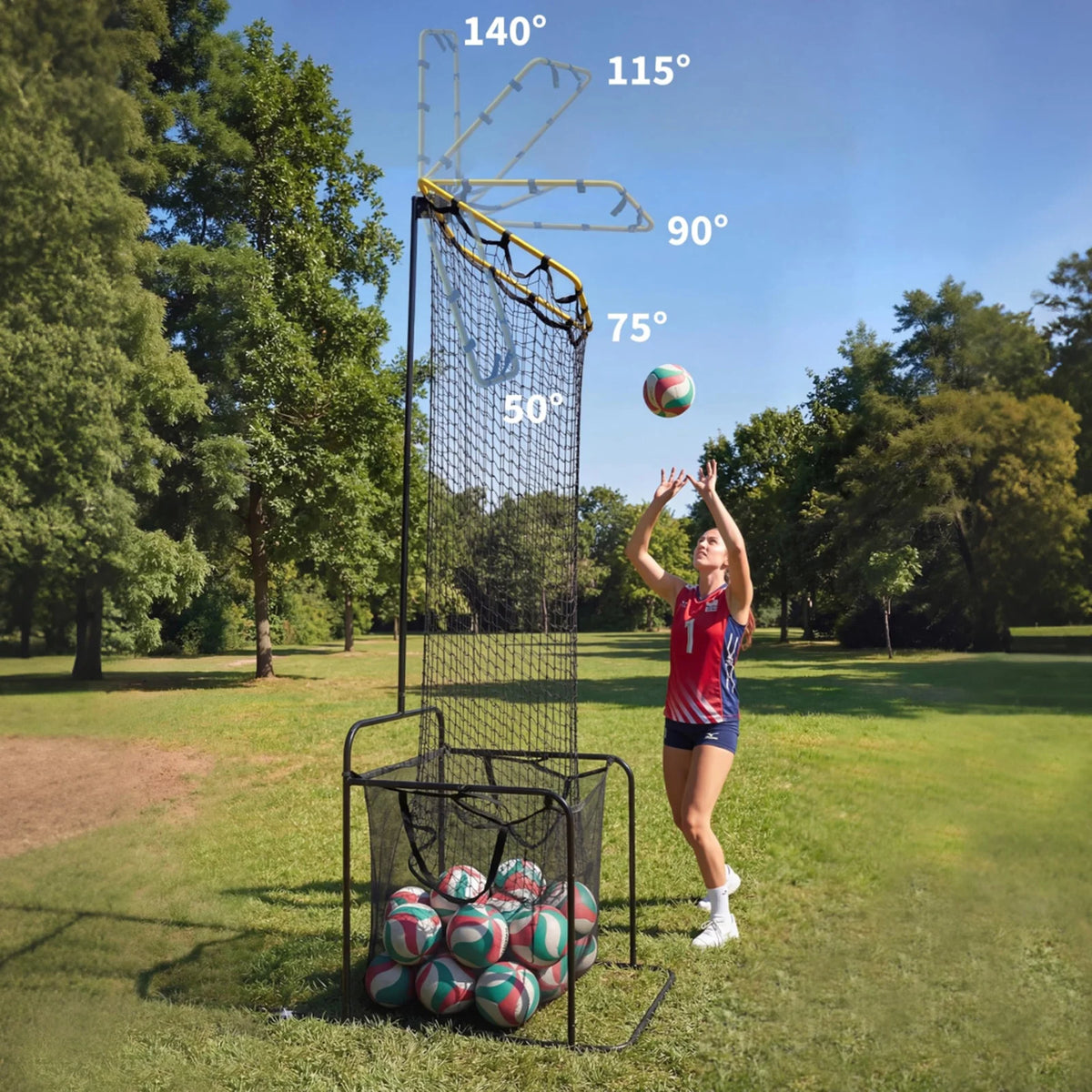Garvee Volleyball-Zuspieltrainer mit Ballkorb, 5 Höhenstufen 204–274 cm, 5 Winkel 50°–140°, Rollen mit Bremse, für Halle & Outdoor
