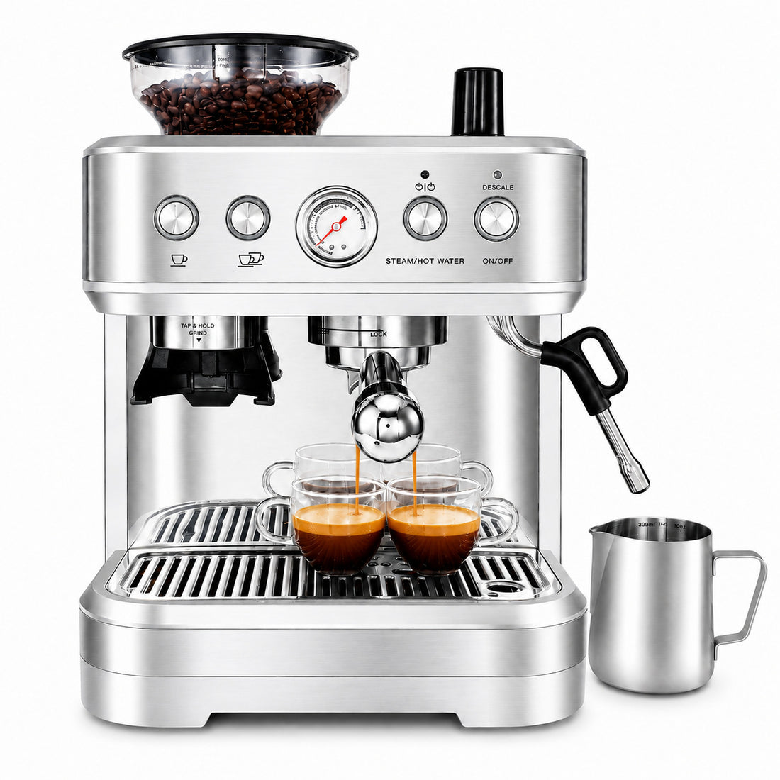 Garvee 15-Bar Siebträgermaschine mit Mahlwerk & Milchaufschäumer, PID-Steuerung, 15 Mahlgrade, 58-mm-Siebträger, 1350 W, 2,3-L-Wassertank, für Espresso & Cappuccino