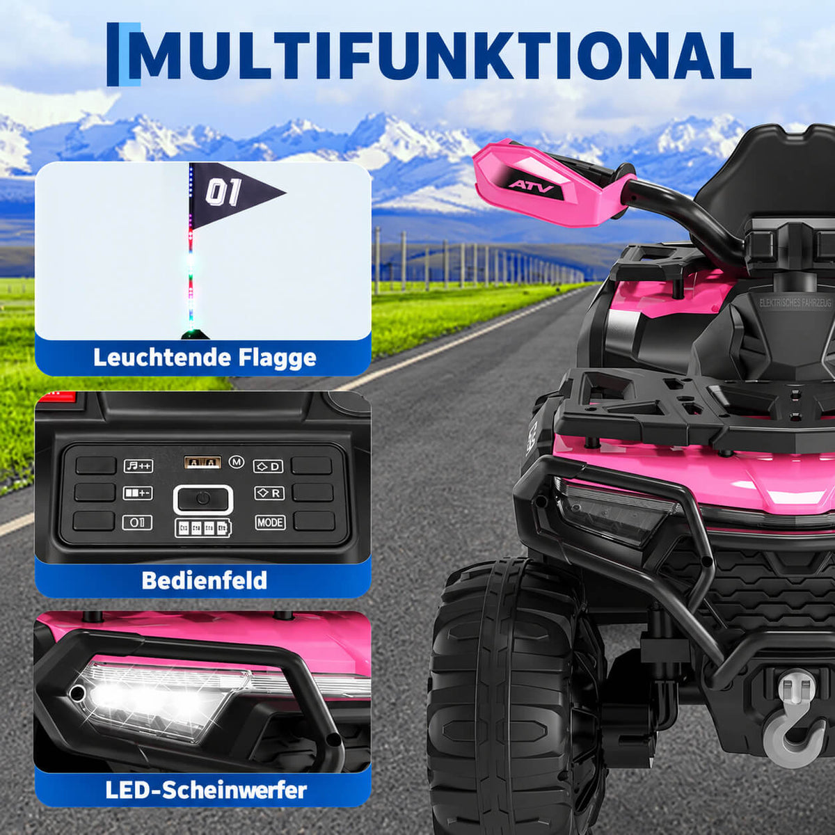 Garvee Kinder Elektro-Quad 12V, Elektrisches Kinderfahrzeug mit Fernbedienung, 2×35W Motoren, LED-Lichtern & Musik, für Kinder von 3–8 Jahren, Rosa