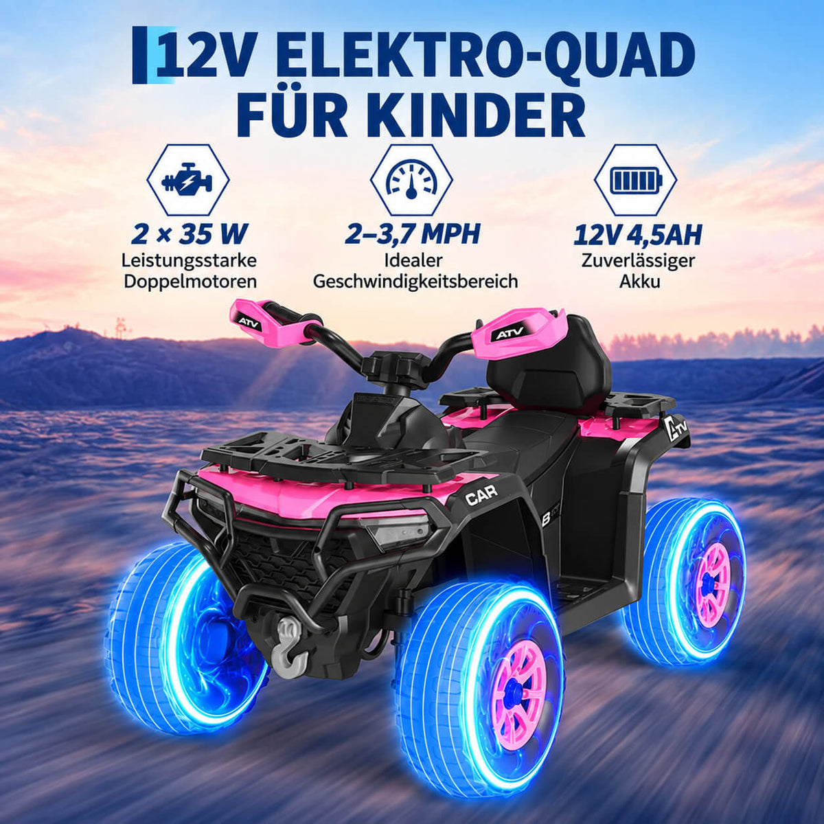Garvee Kinder Elektro-Quad 12V, Elektrisches Kinderfahrzeug mit Fernbedienung, 2×35W Motoren, LED-Lichtern & Musik, für Kinder von 3–8 Jahren, Rosa