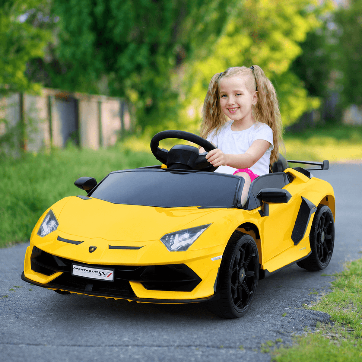 GARVEE Lamborghini Kinder-Elektroauto 12 V mit Doppelmotor, 2,4-GHz-Fernbedienung, LED, MP3, öffnenden Türen und Sicherheitsgurt