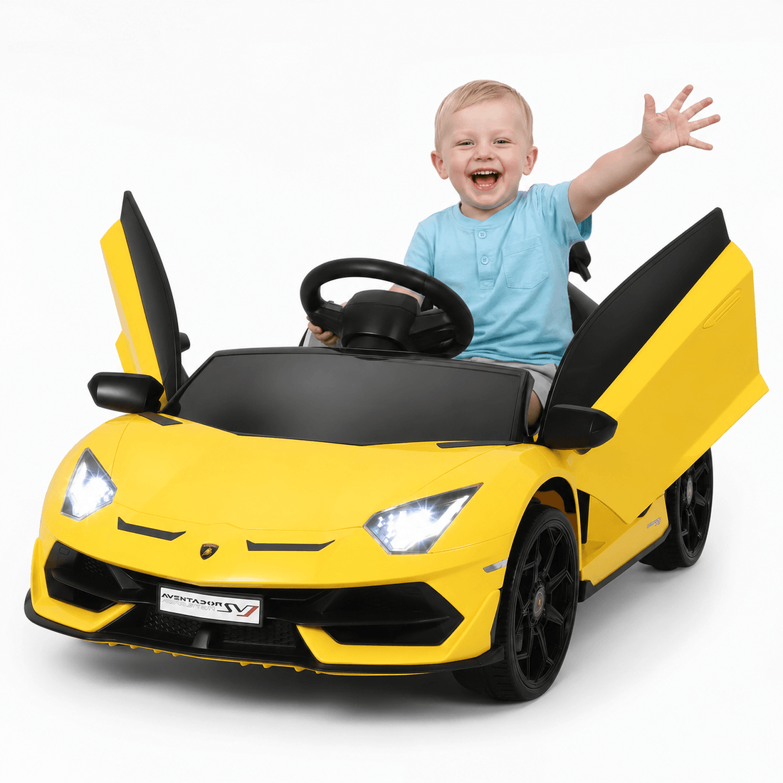 GARVEE Lamborghini Kinder-Elektroauto 12 V mit Doppelmotor, 2,4-GHz-Fernbedienung, LED, MP3, öffnenden Türen und Sicherheitsgurt