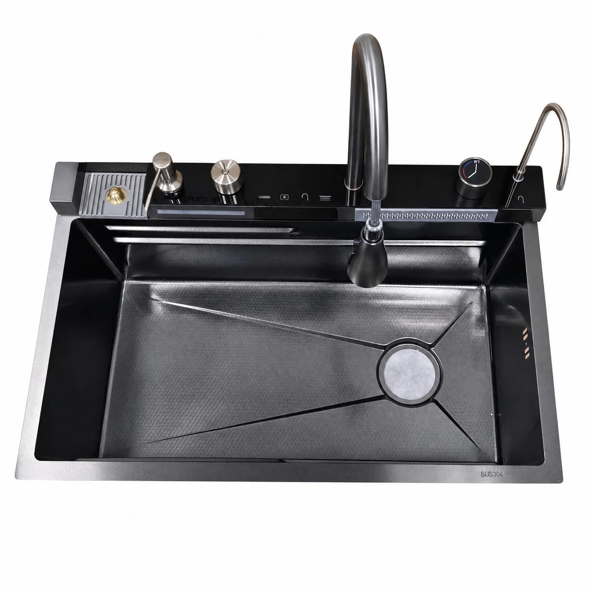 Garvee Küchenspüle Einbauspüle aus Edelstahl (80 × 45 × 23 cm), tiefes Einzelbecken in Schwarz mit Wasserfallfunktion, Armatur, R-Auslaufdesign & Montageset für Küche und Bar