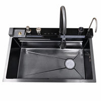 Garvee Küchenspüle Einbauspüle aus Edelstahl (80 × 45 × 23 cm), tiefes Einzelbecken in Schwarz mit Wasserfallfunktion, Armatur, R-Auslaufdesign & Montageset für Küche und Bar