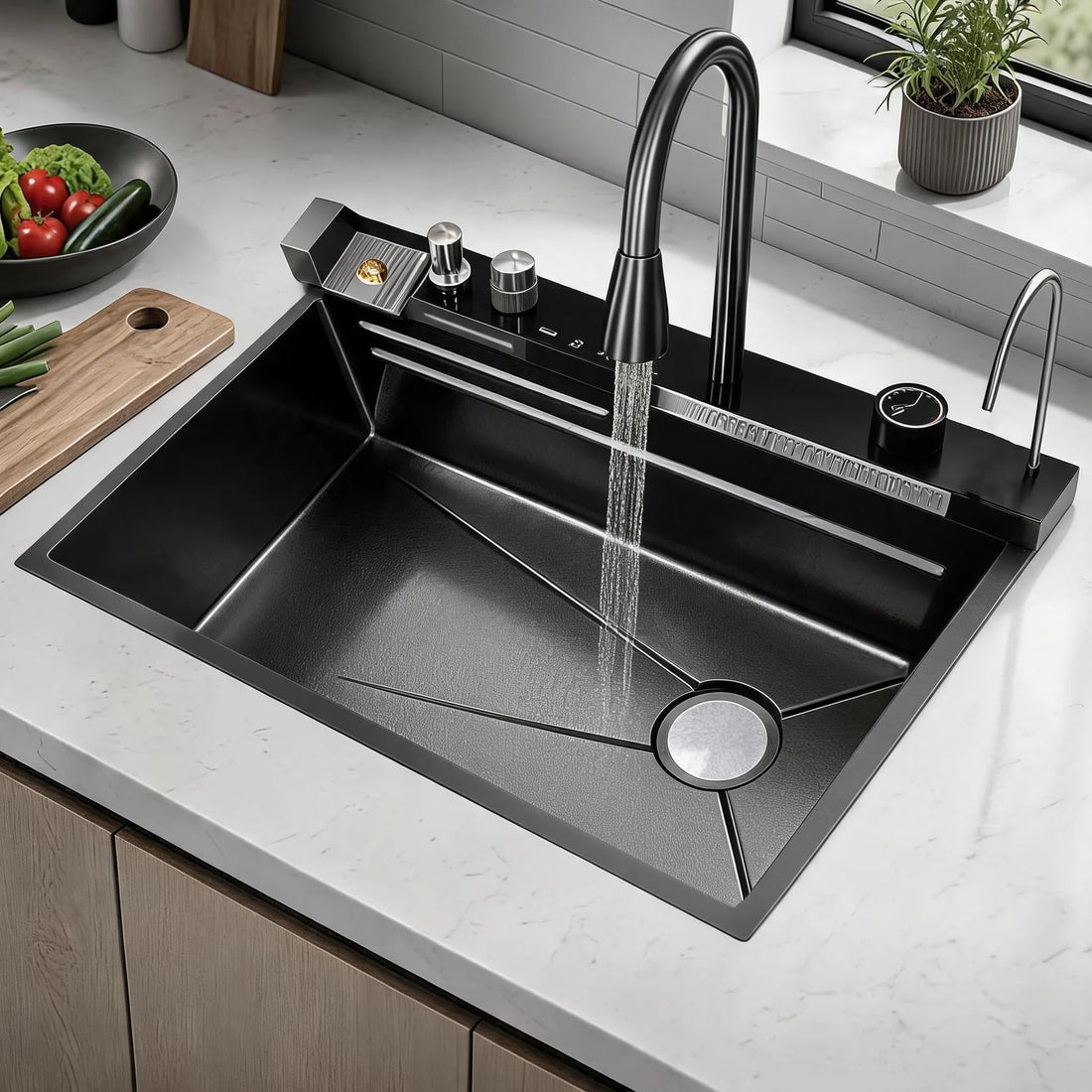 Garvee Küchenspüle Einbauspüle aus Edelstahl (80 × 45 × 23 cm), tiefes Einzelbecken in Schwarz mit Wasserfallfunktion, Armatur, R-Auslaufdesign & Montageset für Küche und Bar