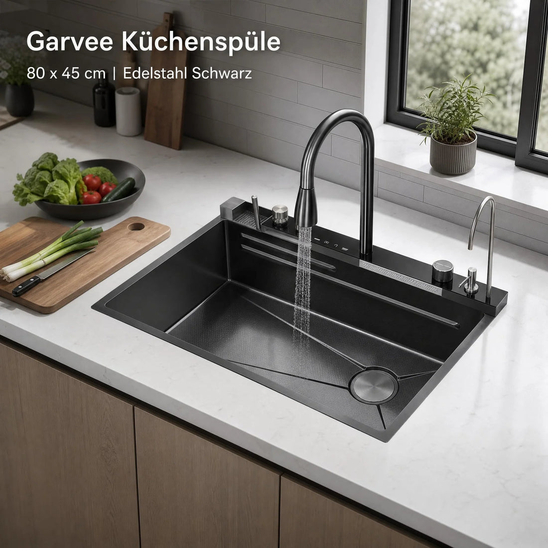 Garvee Küchenspüle Einbauspüle aus Edelstahl (80 × 45 × 23 cm), tiefes Einzelbecken in Schwarz mit Wasserfallfunktion, Armatur, R-Auslaufdesign & Montageset für Küche und Bar