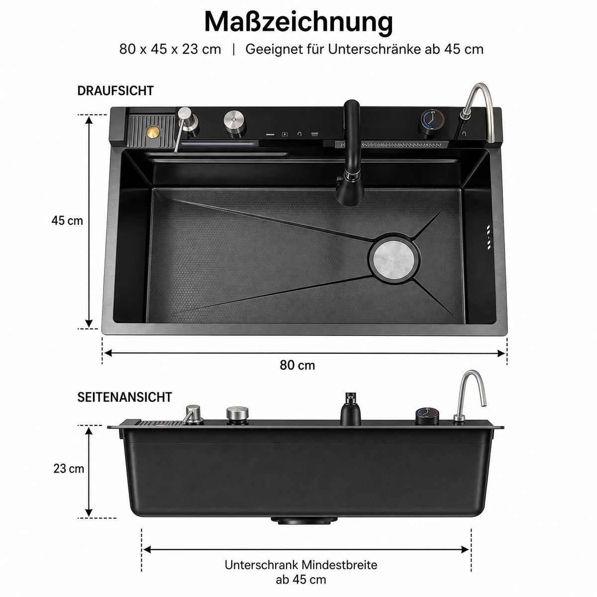 Garvee Küchenspüle Einbauspüle aus Edelstahl (80 × 45 × 23 cm), tiefes Einzelbecken in Schwarz mit Wasserfallfunktion, Armatur, R-Auslaufdesign & Montageset für Küche und Bar