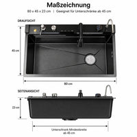 Garvee Küchenspüle Einbauspüle aus Edelstahl (80 × 45 × 23 cm), tiefes Einzelbecken in Schwarz mit Wasserfallfunktion, Armatur, R-Auslaufdesign & Montageset für Küche und Bar