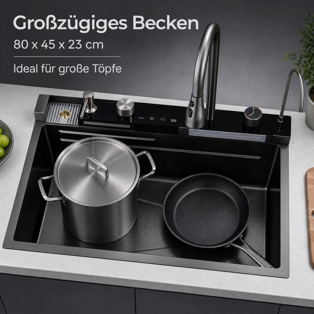 Garvee Küchenspüle Einbauspüle aus Edelstahl (80 × 45 × 23 cm), tiefes Einzelbecken in Schwarz mit Wasserfallfunktion, Armatur, R-Auslaufdesign & Montageset für Küche und Bar