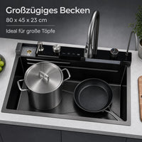 Garvee Küchenspüle Einbauspüle aus Edelstahl (80 × 45 × 23 cm), tiefes Einzelbecken in Schwarz mit Wasserfallfunktion, Armatur, R-Auslaufdesign & Montageset für Küche und Bar