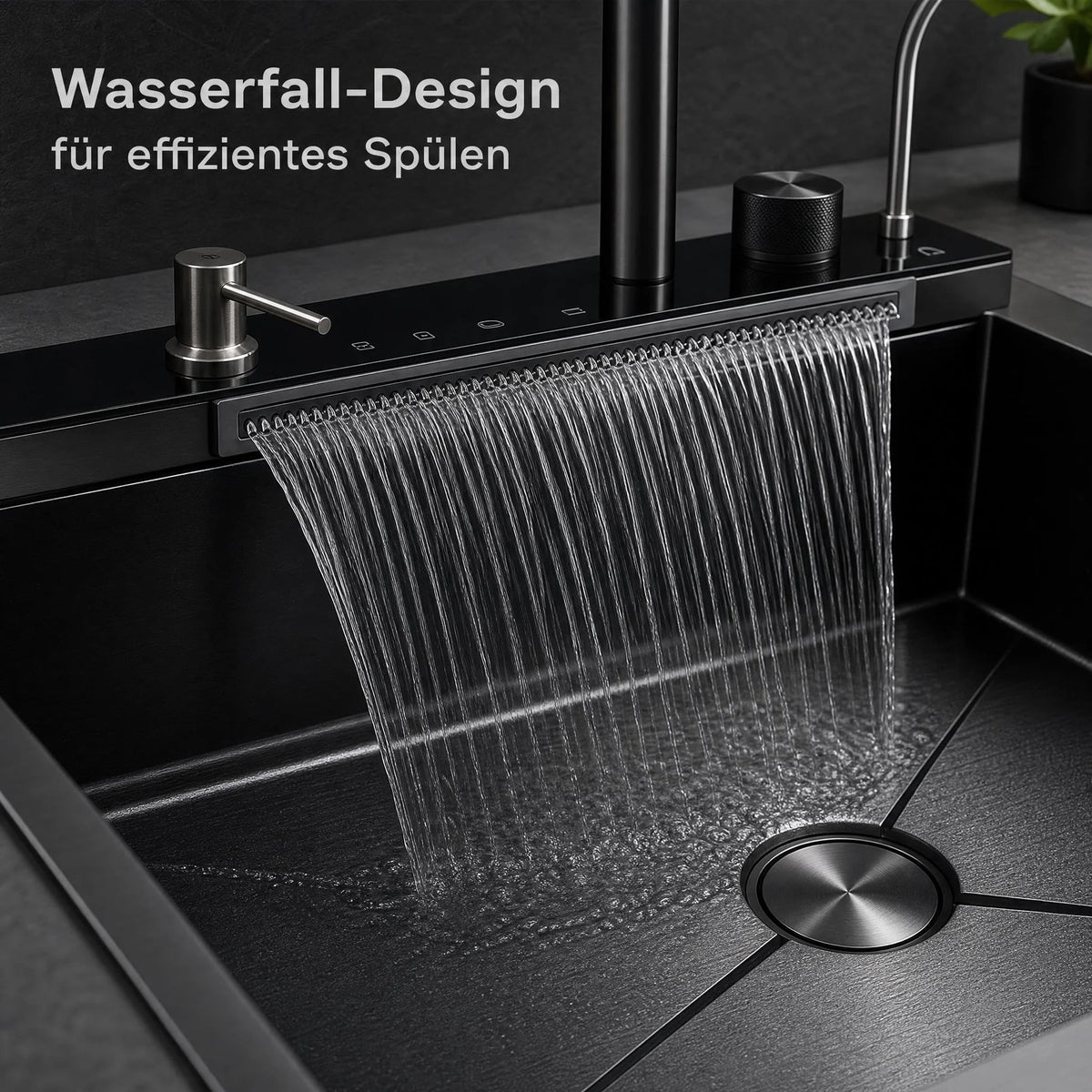 Garvee Küchenspüle Einbauspüle aus Edelstahl (80 × 45 × 23 cm), tiefes Einzelbecken in Schwarz mit Wasserfallfunktion, Armatur, R-Auslaufdesign & Montageset für Küche und Bar